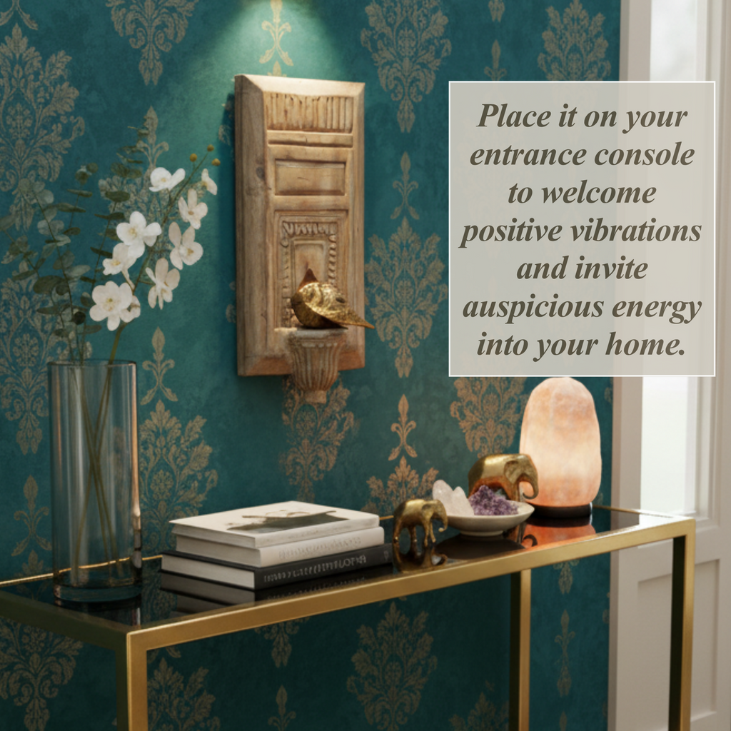 Groove Top Temple Jharokha | Distressed White Frame with Shankh | Mango Wood & Brass