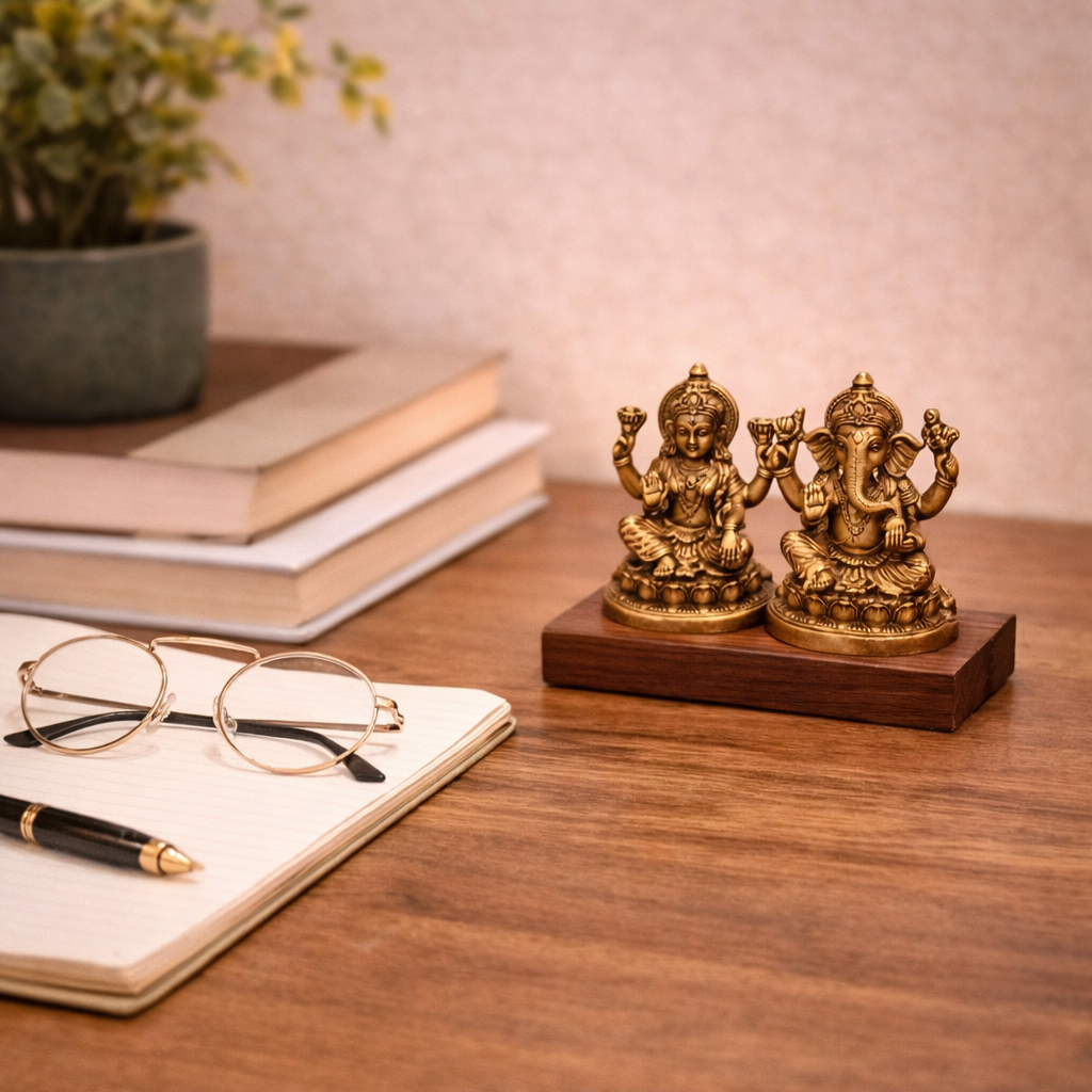 Lakshmi Ganesh Brass Idol Set on desk | ORNA