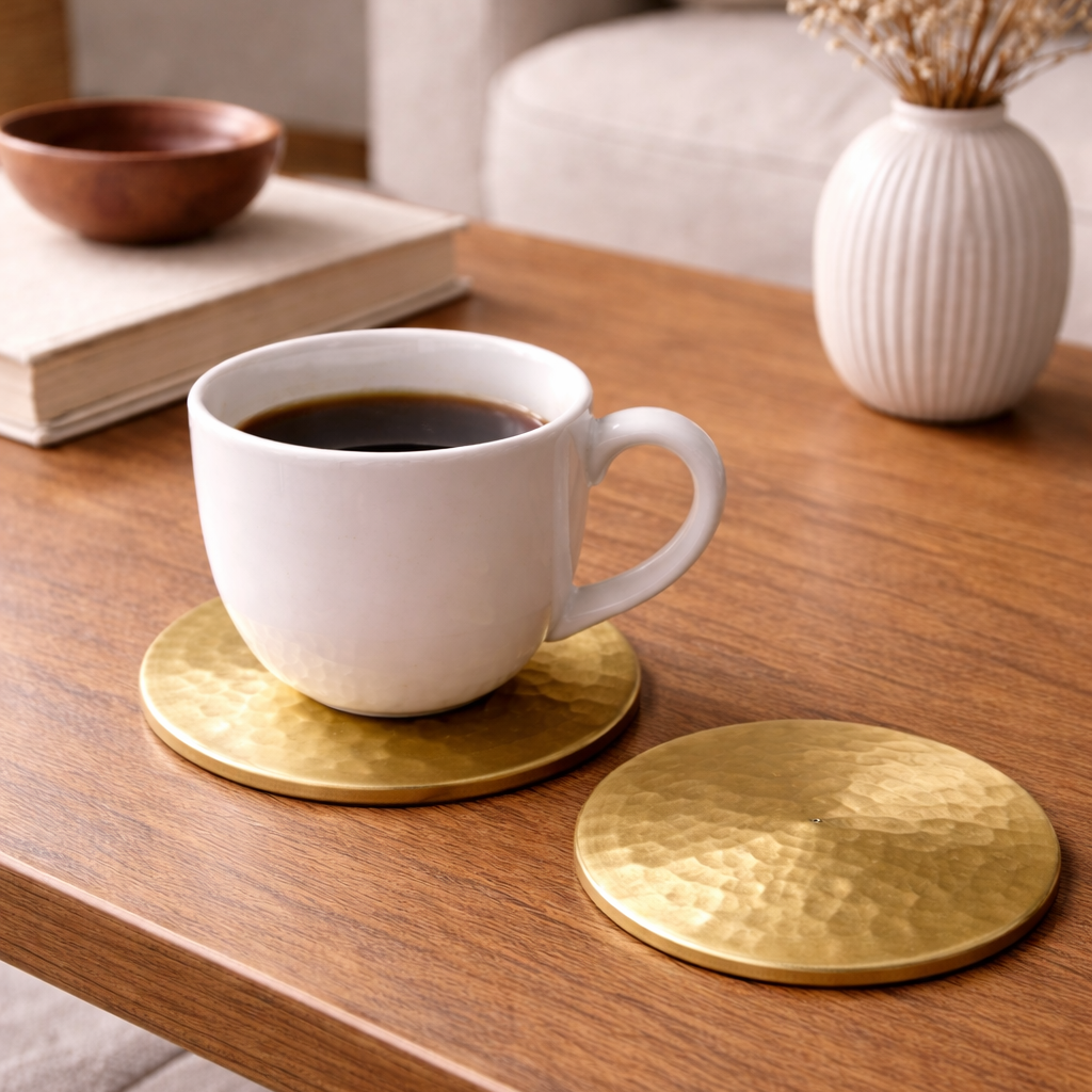 Hand-Hammered Classic Round Brass Coaster – Set of 4