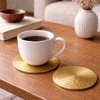 Hand-Hammered Classic Round Brass Coaster – Set of 4