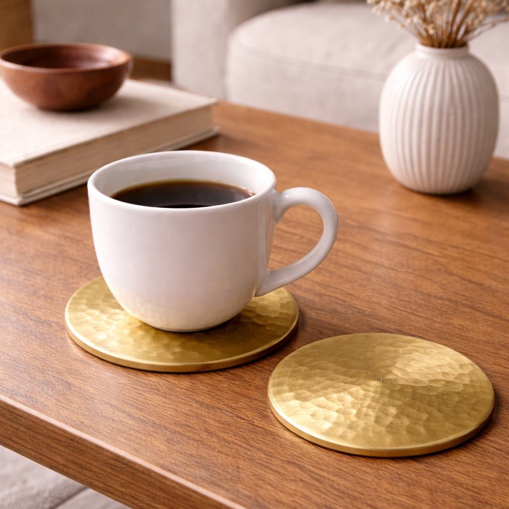 Hand-Hammered Classic Round Brass Coaster – Set of 2