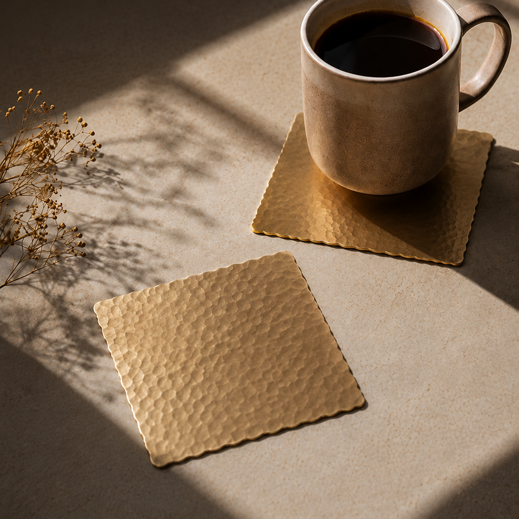 Hand-Hammered Square Brass Coaster – Set of 4
