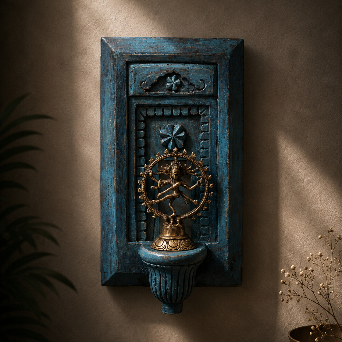 Floral Petal Jharokha | Distressed Blue Frame with Natraj | Mango Wood & Brass