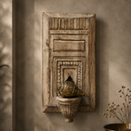 Groove Top Temple Jharokha | Distressed White Frame with Shankh | Mango Wood & Brass