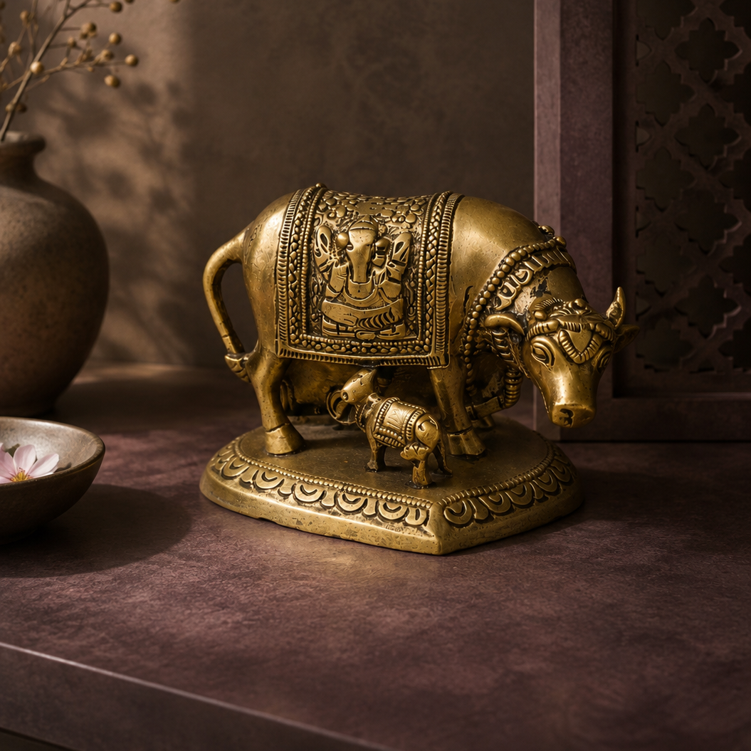 Kamdhenu Cow & Calf Idol | Pure Brass