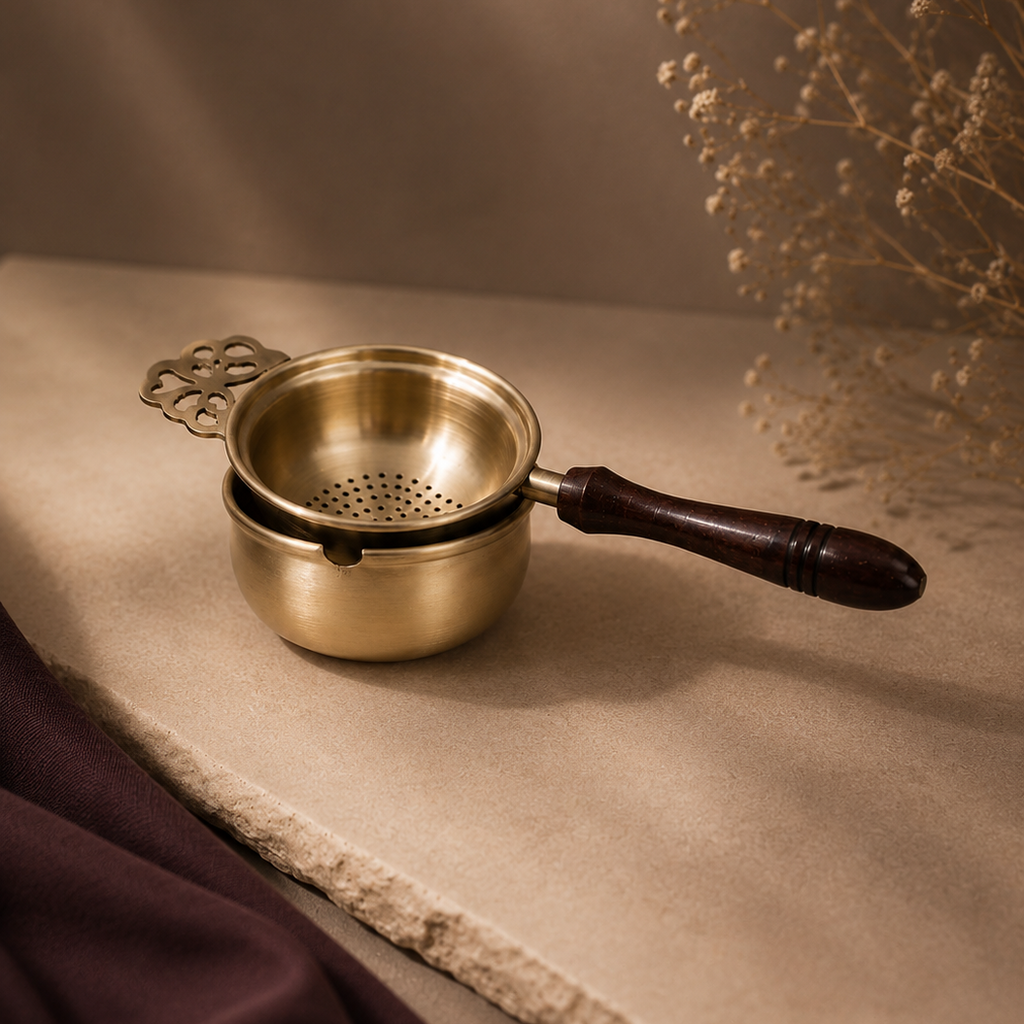 Brass Tea Strainer with Wooden Handle | Pure Brass
