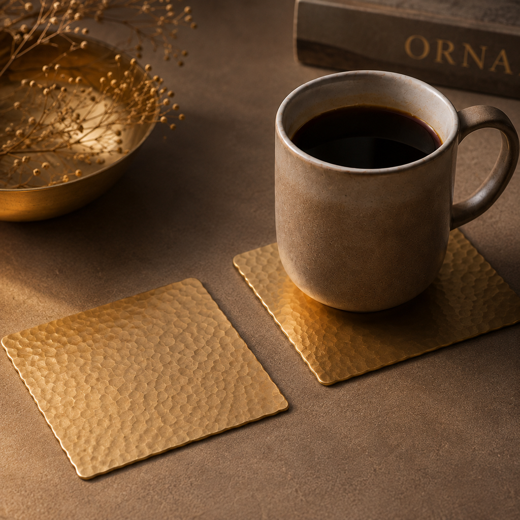 Hand-Hammered Square Brass Coaster – Set of 4