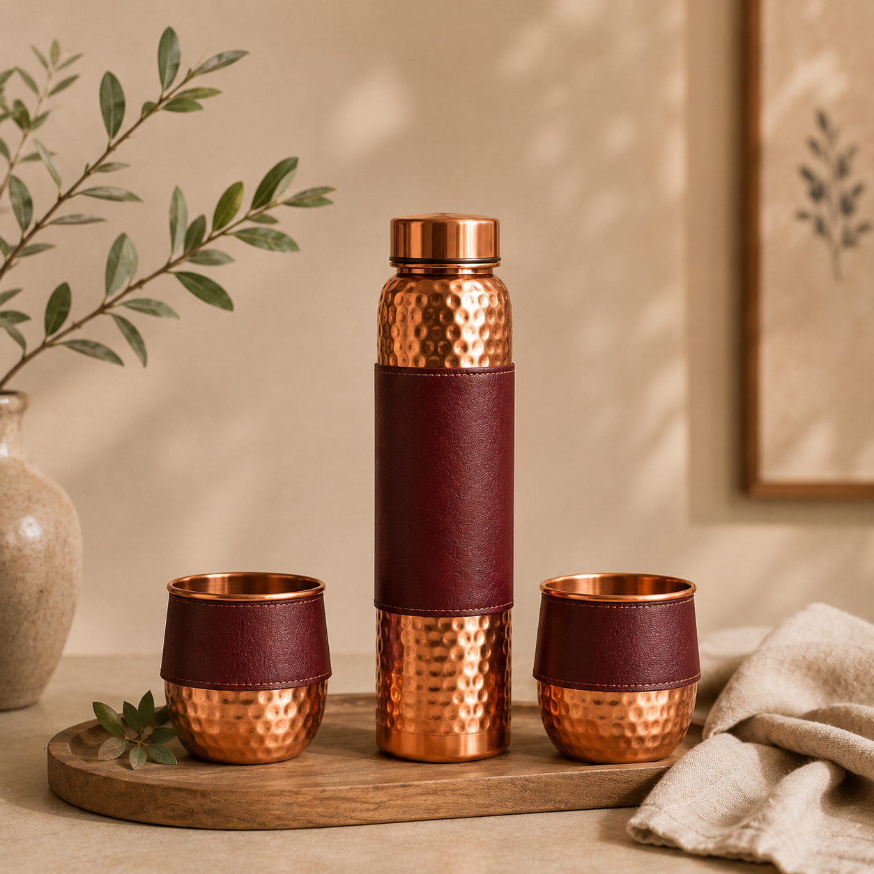 Copper Bottle Set | Hand-Hammered Pure Copper Bottle & Glasses