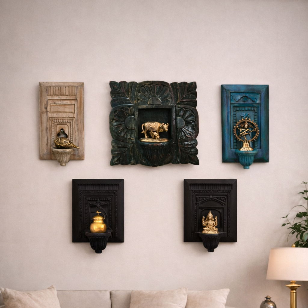 Arch Jharokha Solid Black Frame with Ganesha | Mango Wood & Brass