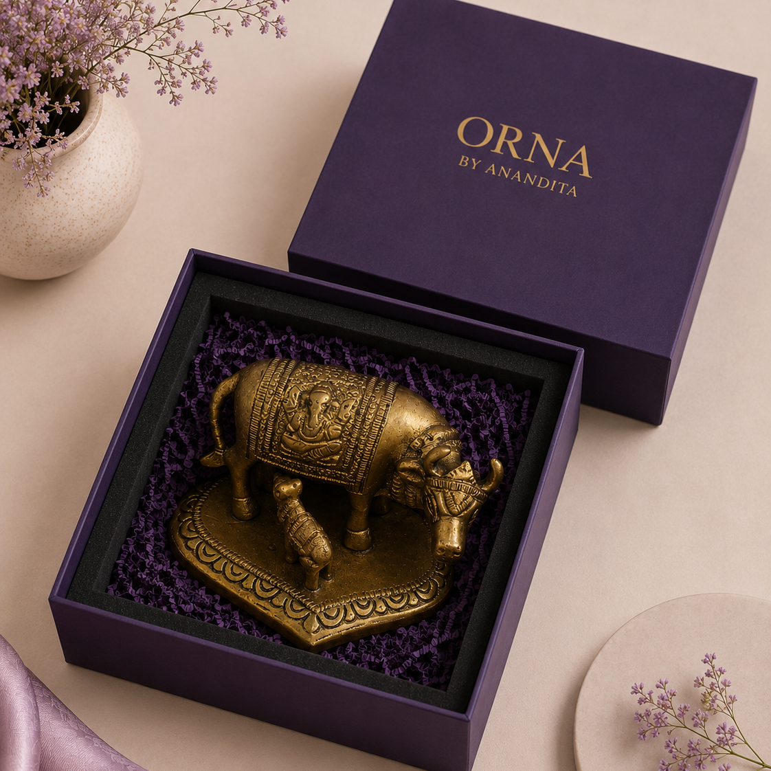 Kamdhenu Cow & Calf Idol | Pure Brass