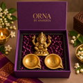 ORNA Ganesha Diwali hamper with pure brass idol and two brass diyas in a purple gift box
