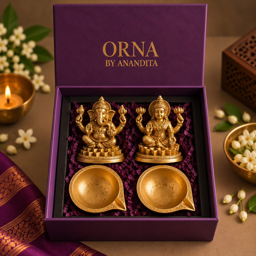 ORNA Laxmi Ganesha Diwali hamper with two pure brass idols and two brass diyas in a purple gift box