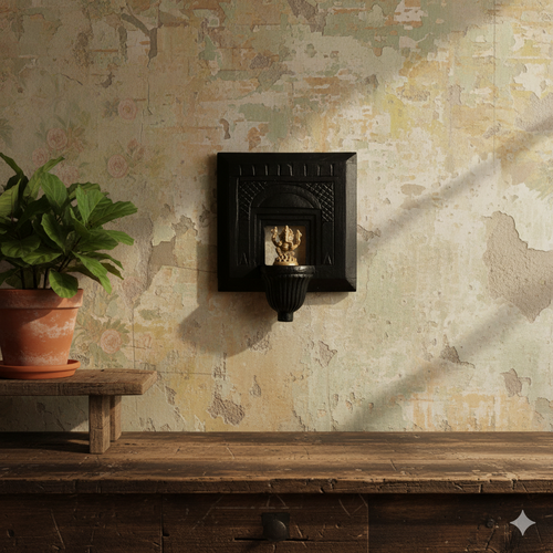 Arch Jharokha Solid Black Frame with Ganesha | Mango Wood & Brass