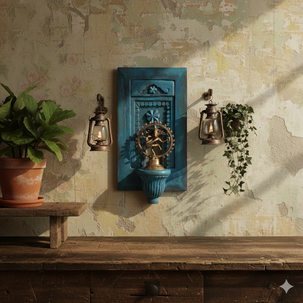 Floral Petal Jharokha | Distressed Blue Frame with Natraj | Mango Wood & Brass