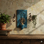 Floral Petal Jharokha | Distressed Blue Frame with Natraj | Mango Wood & Brass