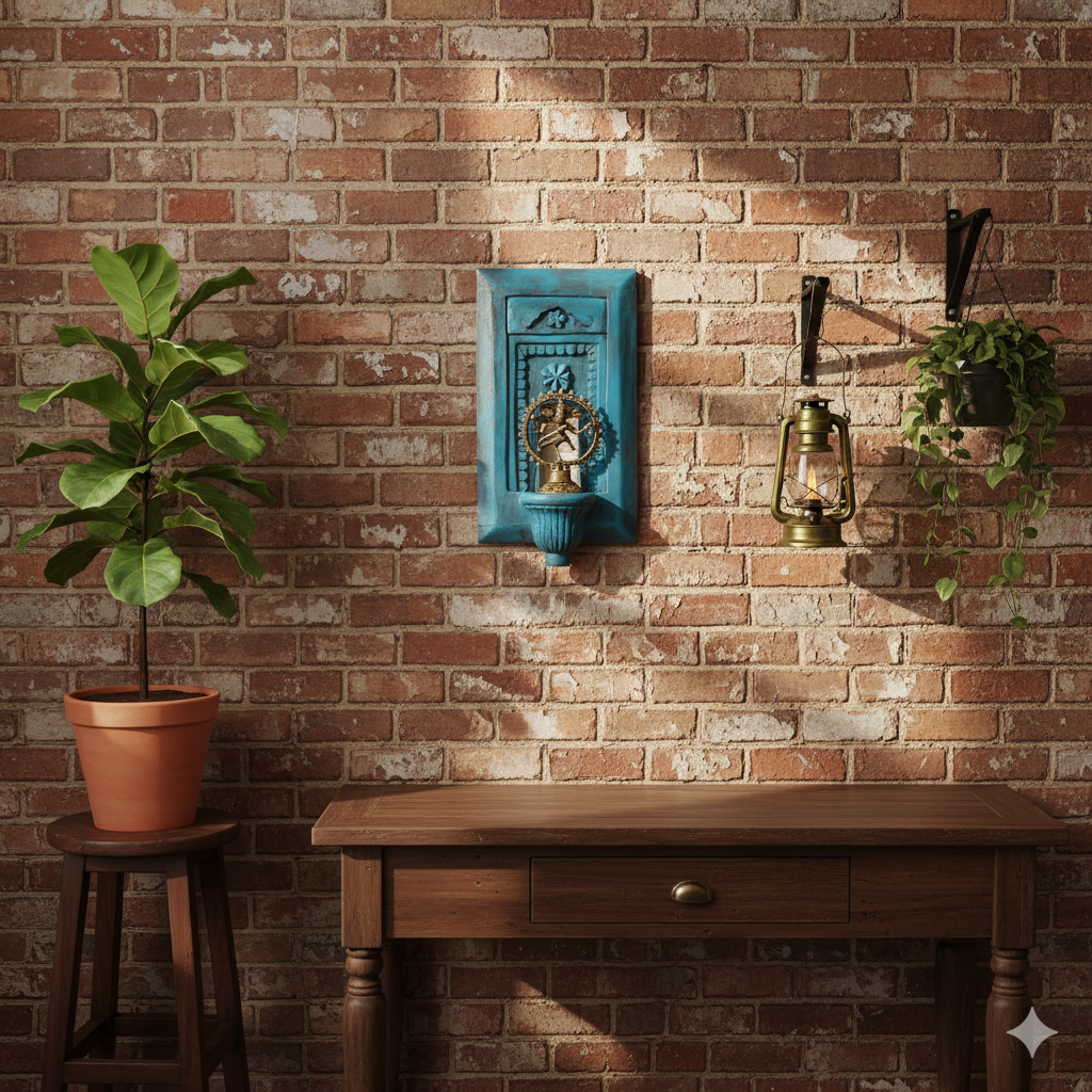 Floral Petal Jharokha | Distressed Blue Frame with Natraj | Mango Wood & Brass