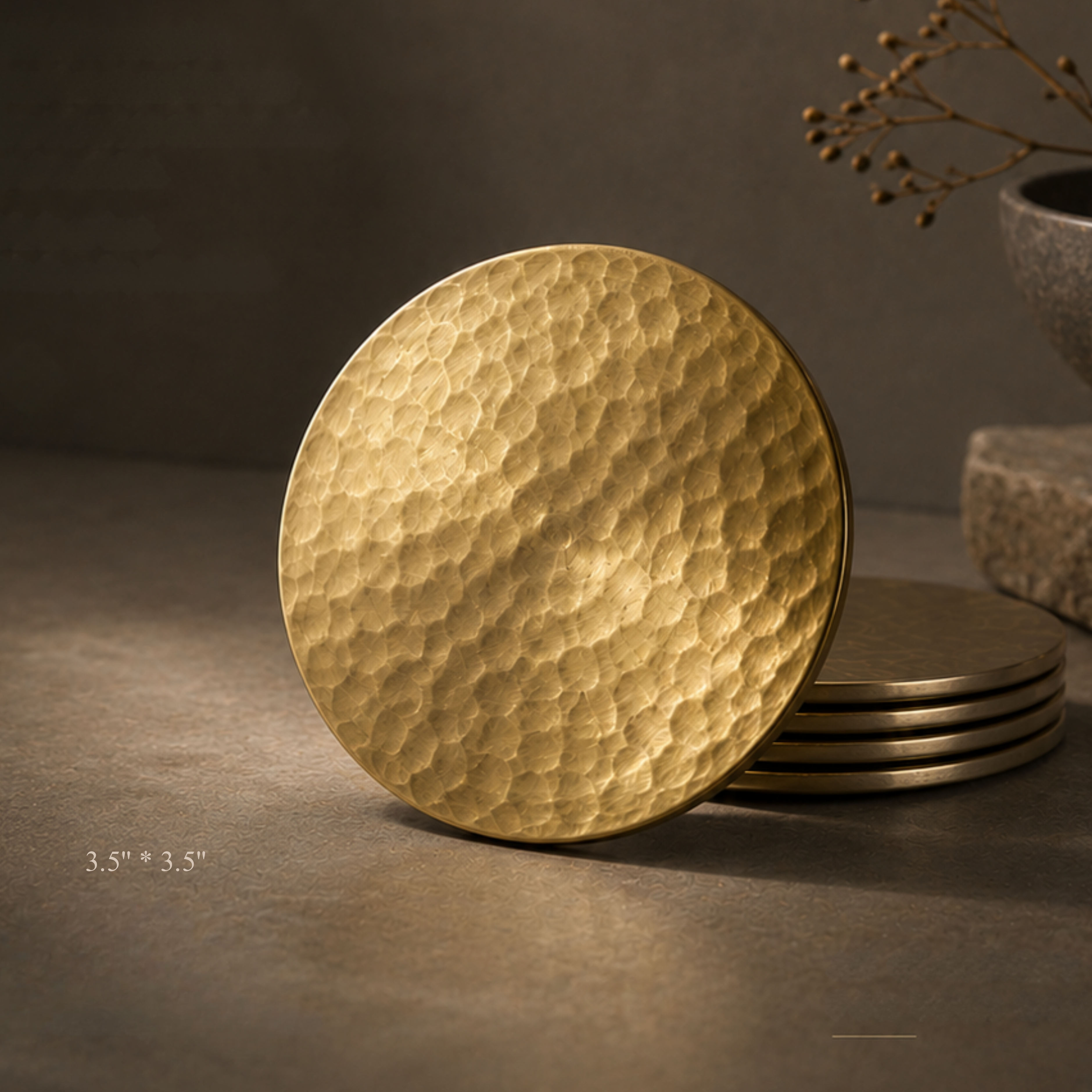 Hand-Hammered Classic Round Brass Coaster – Set of 4