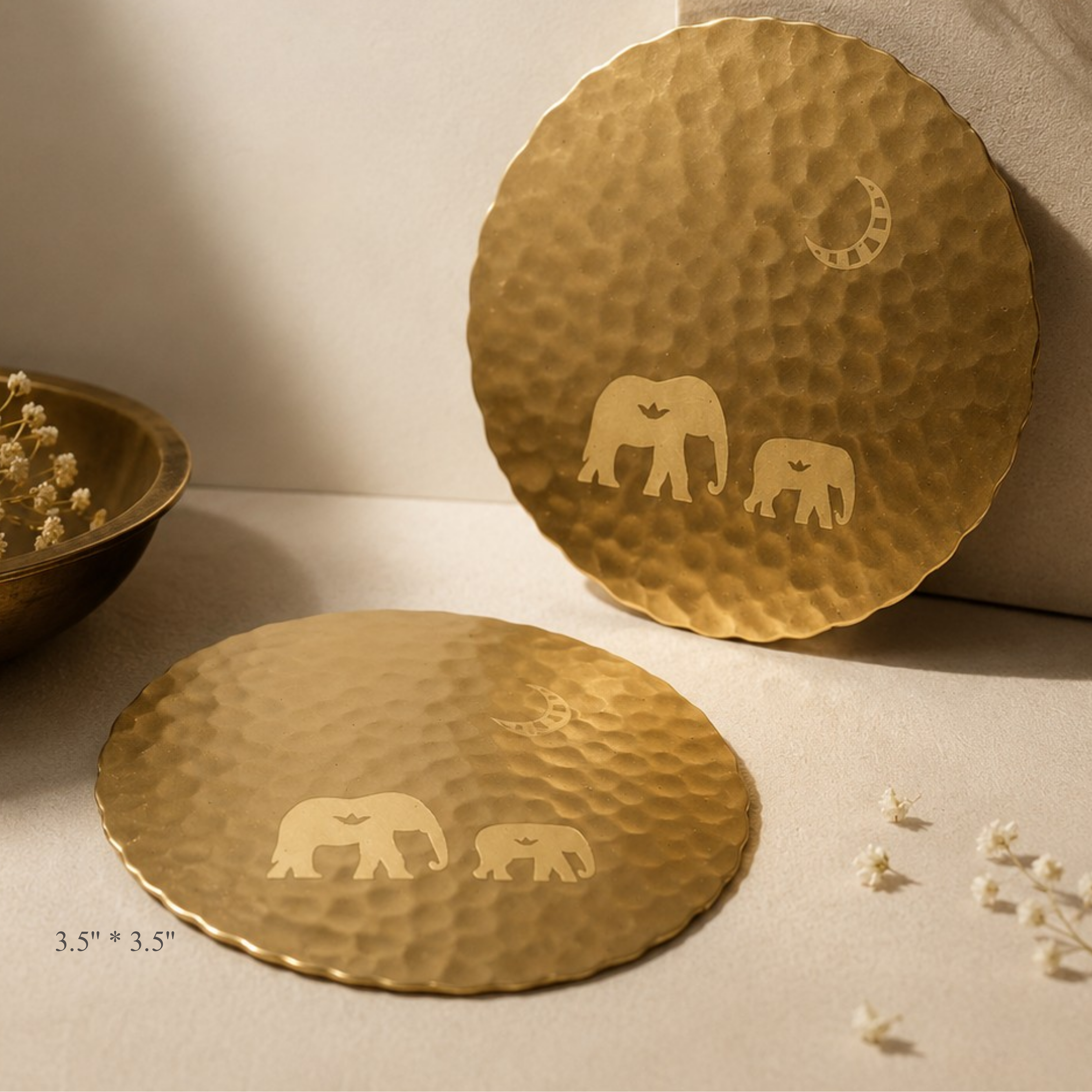 Hand-Hammered Elephant Design Round Brass Coaster – Set of 2