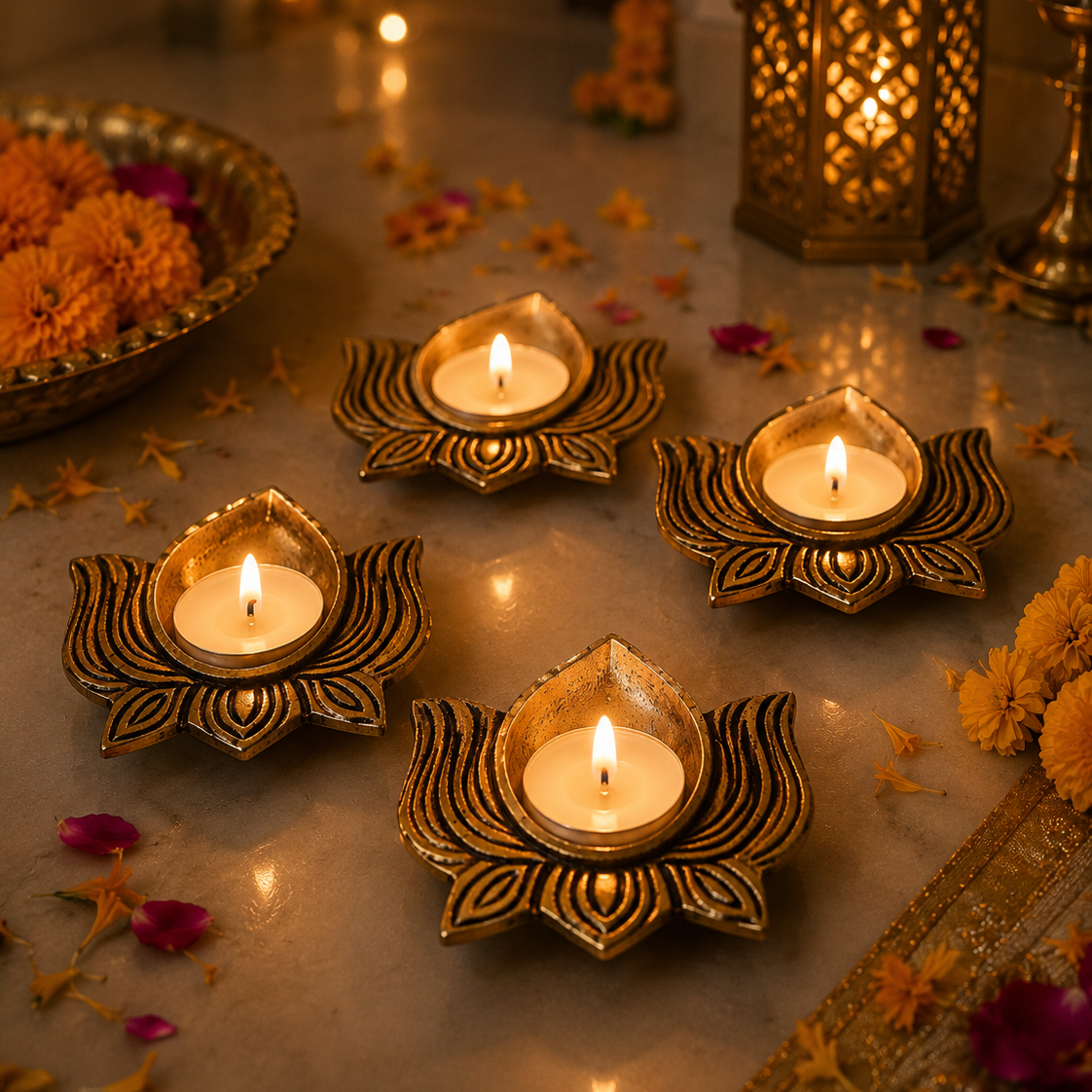Lotus Brass Diya – Set of 4
