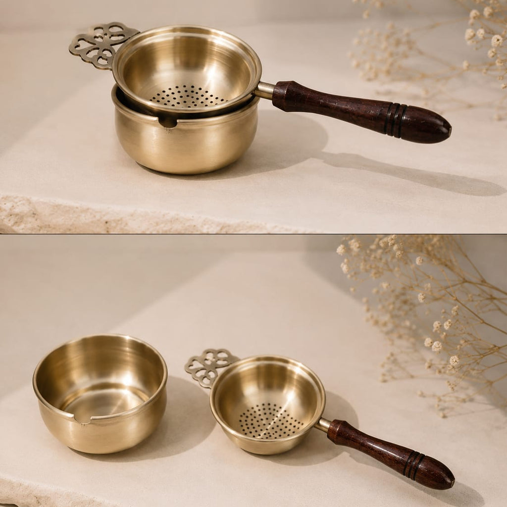 Brass Tea Strainer with Wooden Handle | Pure Brass
