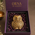 ORNA Laxmi Vahan Diwali hamper with a pure brass owl in a purple festive gift box